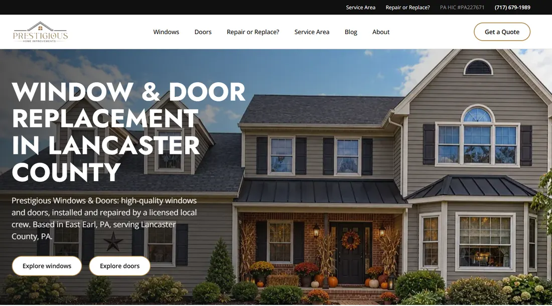 Screenshot of the Prestigious Windows & Doors website